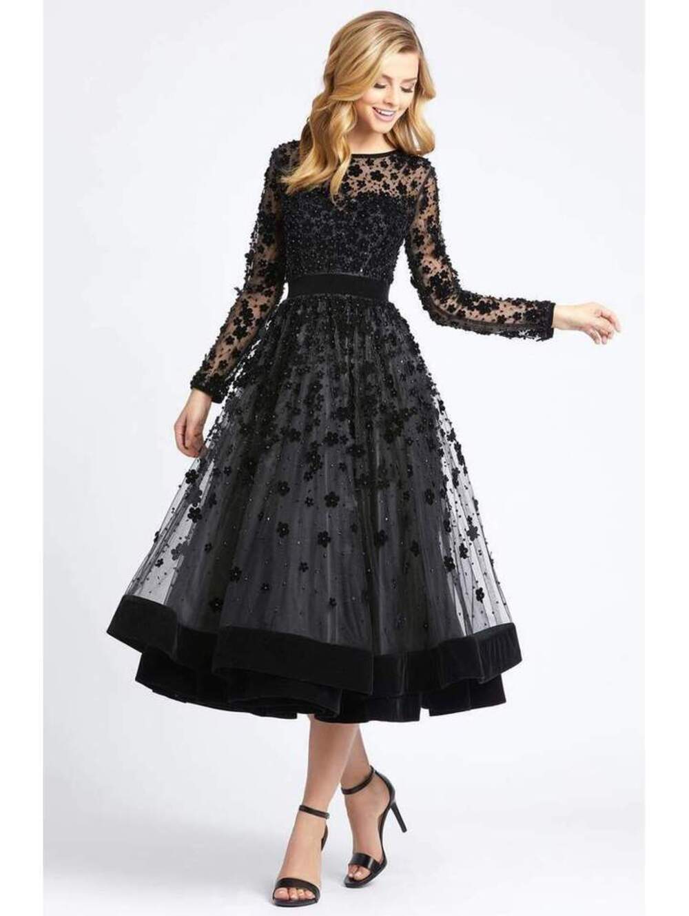 NEW Mac Duggal Fit & Flare Velvet Embellished Cocktail Dress Black 2 #MD2280